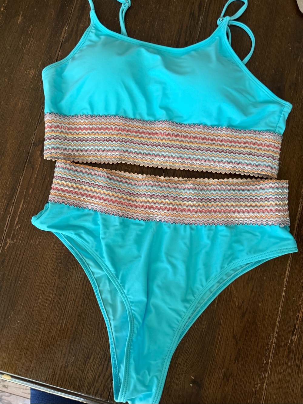 Source Unknown Aqua Two-Piece Bikini with Multicolor Chevron Trim